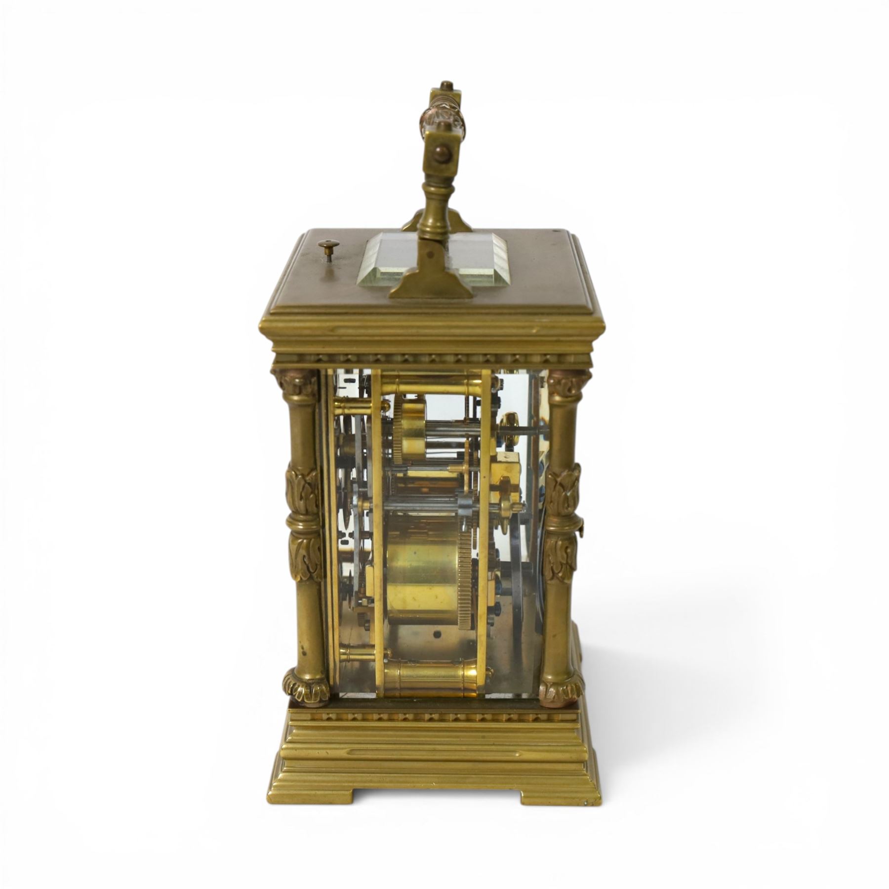 French - 8-day striking carriage clock with alarm and repeat functions, c1900,  case of architectural form with swing handle, gilt dial mask alarm setting dial and enamel chapter, Arabic numerals and blued steel hands, rack striking movement, striking the hours, half-hours and repeat on a coiled gong, with a silvered lever platform escapement, in running condition with key, 14.5cm high 10.5cm wide