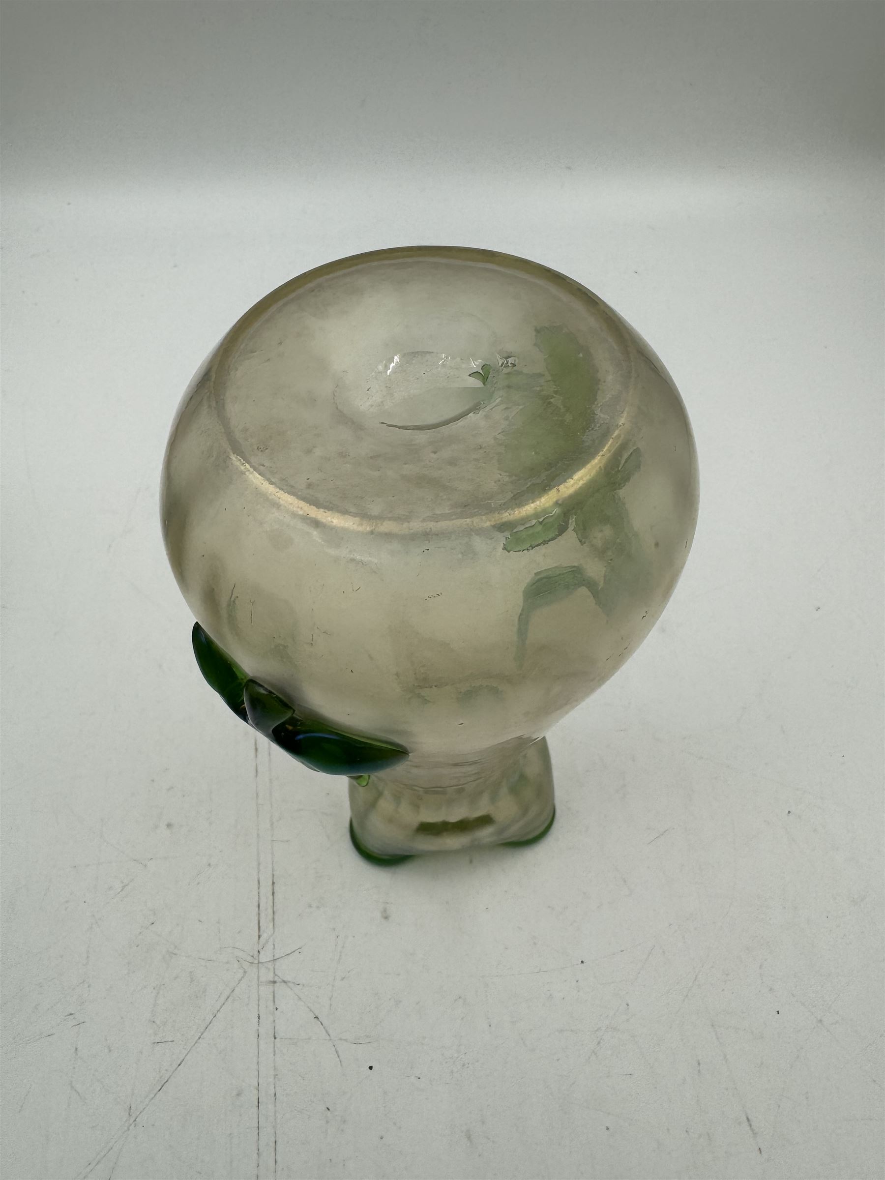 Three Austrian Art Nouveau iridescent glass vases, including a Kralik example of tapering form, with pearlescent lustre body and applied green flower decoration, tallest H18cm