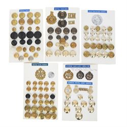 Collection of military cap badges and buttons examples from Royal Air Force, Royal Marines...