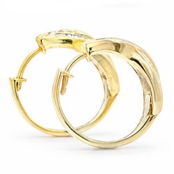 Pair of 14ct gold diamond crossover hoop earrings, each set with tapered baguette and round brilliant cut diamonds, stamped