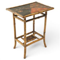 Bamboo and chinoiserie occasional table, rectangular top with geometric print and foliate design, raised on bamboo supports united by an undertier