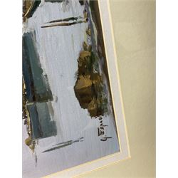 G Esposito (Italian 20th century): Panoramic Harbour Views, pair oils on canvas signed 17cm x 77cm (2)