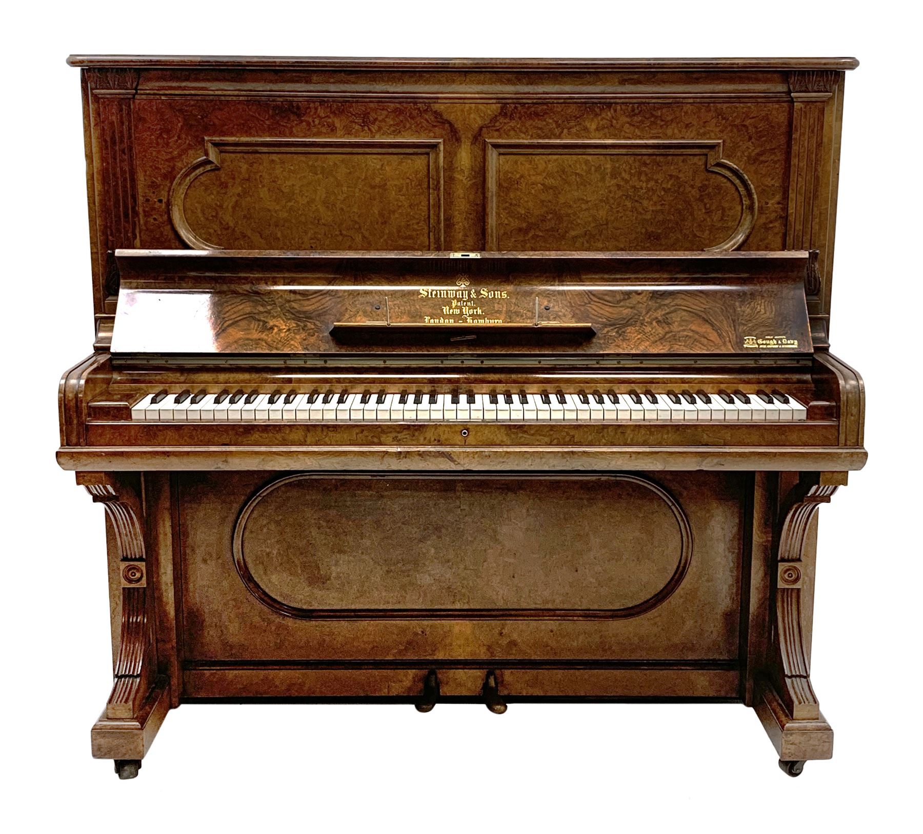 Steinway & Sons - late 19th century figured walnut upright piano, iron framed and overstrung, model no. 56174 circa. 1886, W154cm, H137cm, D70cm, together with a quantity of sheet music