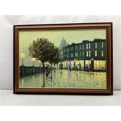 Barry Hilton (British 1941-): Rainy Day Street Scene, oil on canvas signed 50cm x 75cm