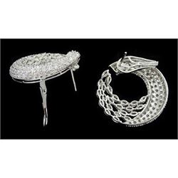 Pair of 18ct white gold marquise cut and pave set, round brilliant cut diamond crescent stud earrings, stamped, total diamond weight approx 9.30 carat