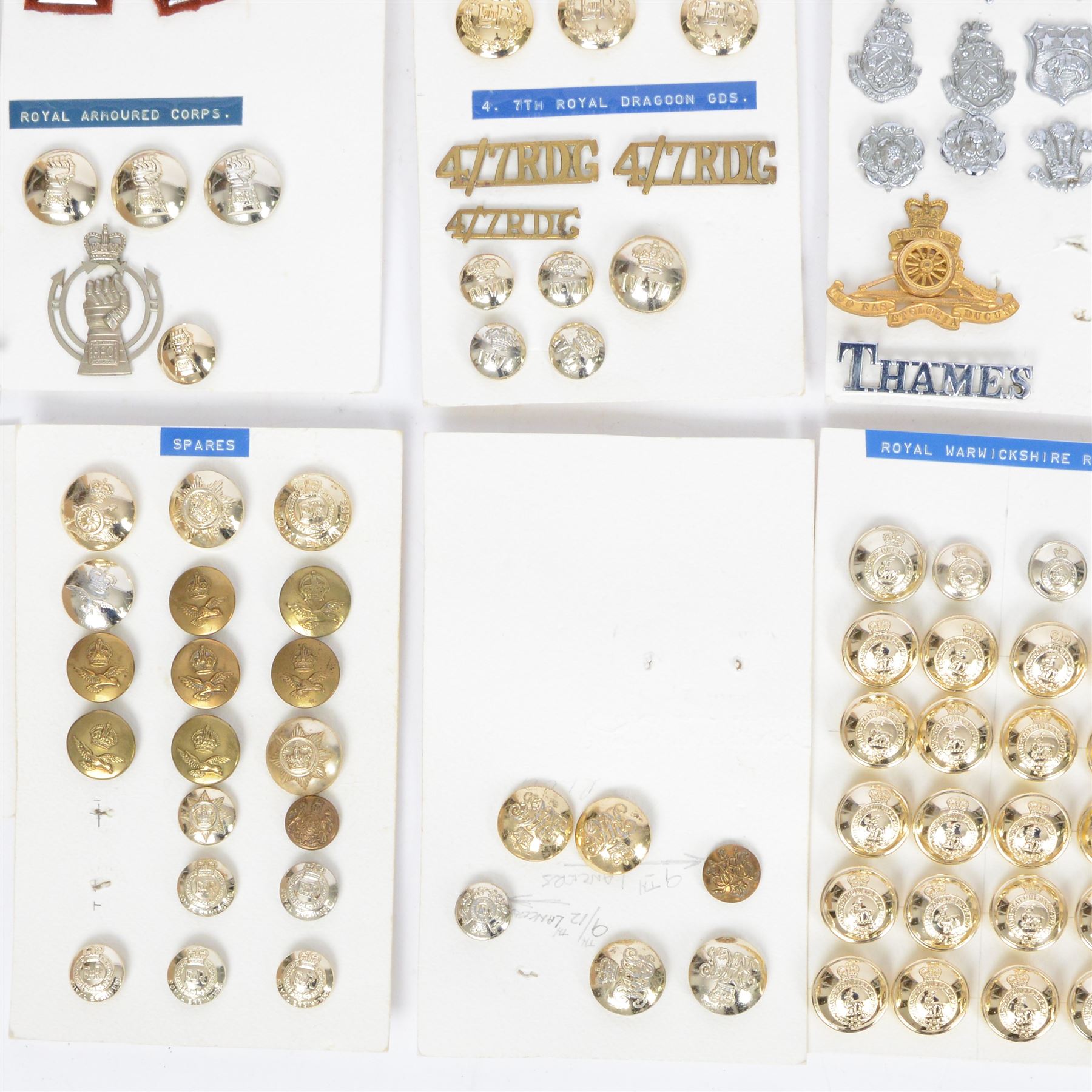 Collection of military cap badges, buttons and similar, including examples for Royal Corps of Signals, Royal Irish Rangers, Duke of Edinburgh Royal Regiment etc  
