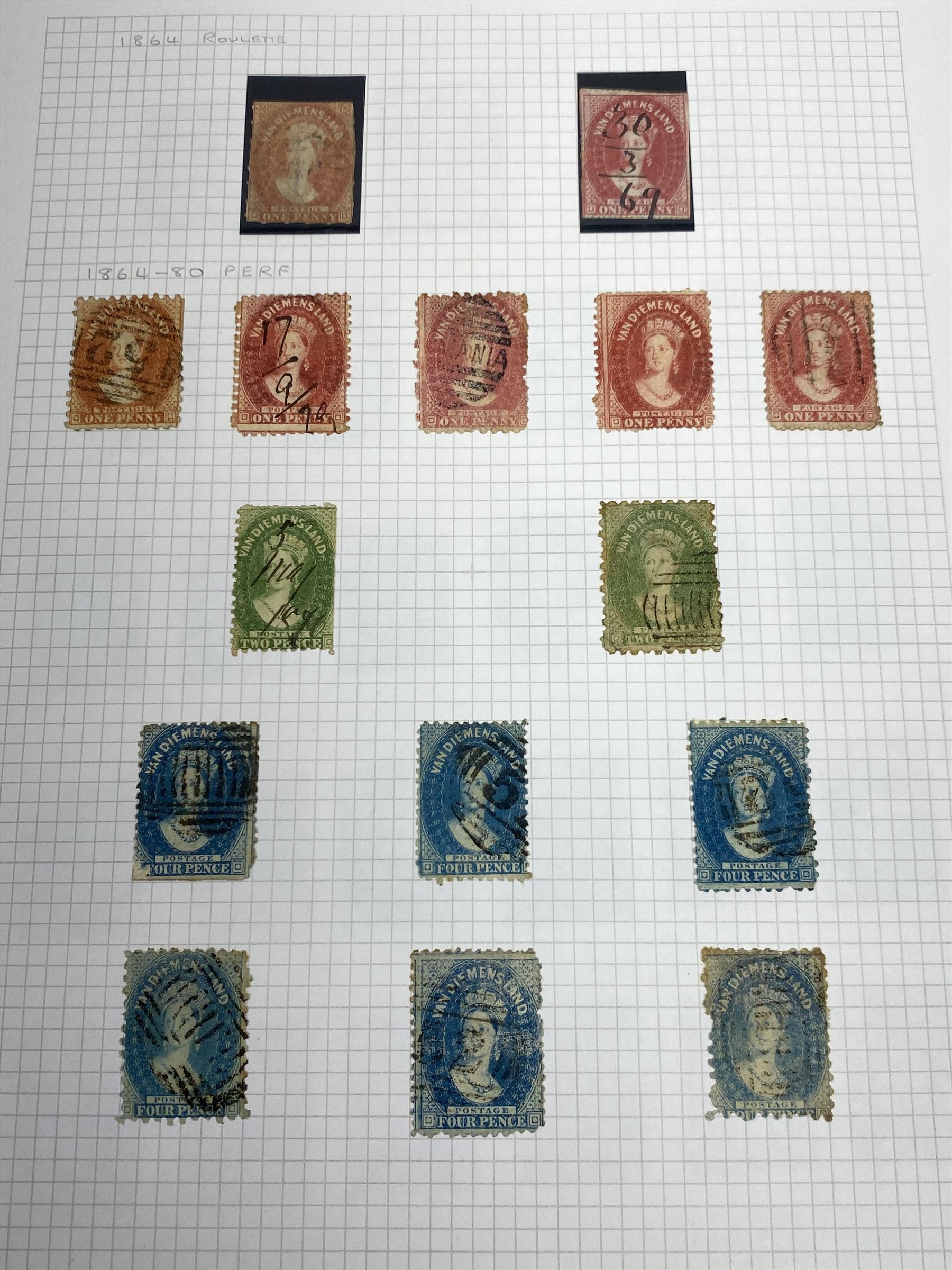 Van Diemen's Land (Tasmania) Queen Victoria and later stamps, including 1853-4 one penny and four penny stamps, 1855 two pence and four pence, 1856 one penny, 1857 various values, 1864-80 various perf issues etc, housed on pages