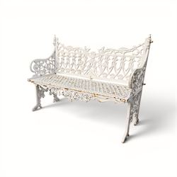 Victorian revival heavy cast iron garden bench, ornate back rest with scrolls, floral moti...