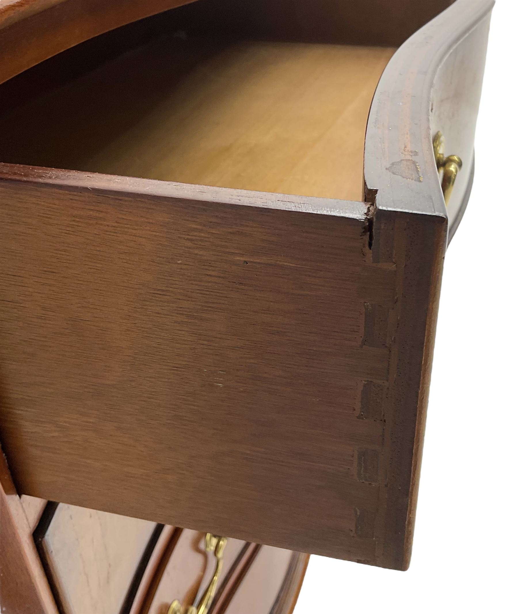 Georgian design mahogany serpentine chest, moulded top over four cock-beaded drawers, on bracket feet