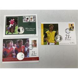 Eight coin covers including, 'Her Majesty Queen Elizabeth II 70th Birthday' containing a 1996 Canadian one ounce silver coin, three coin covers commemorating the 21st Birthday of HRH Prince William each containing a silver coin, '1895 1952 A Tribute to HM King George VI' containing a South Africa 1952 five shilling coin, 'The Notting Hill Carnival' containing a 1998 fifty pence etc (8)