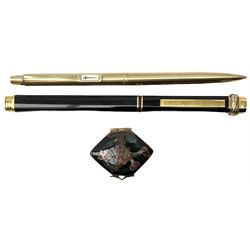 Cartier black lacquer pen (a/f), Paper Mate ballpoint pen and a 20th century Chinese Cloisonne pill box (3)
