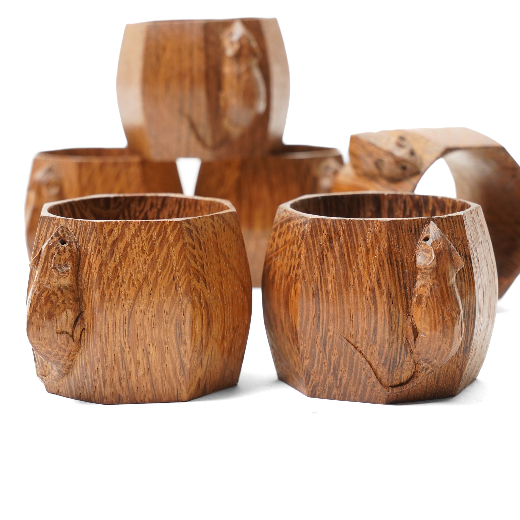 Mouseman - set of six oak napkin rings, with carved mouse signature, by the workshop of Robert Thompson of Kilburn