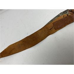 Saudi Arabian khanjar dagger with 29.5cm curving double edged  steel blade; white metal and copper mounted horn grip; in white metal mounted brass and leather scabbard incorporating embroidered leather wearing strap