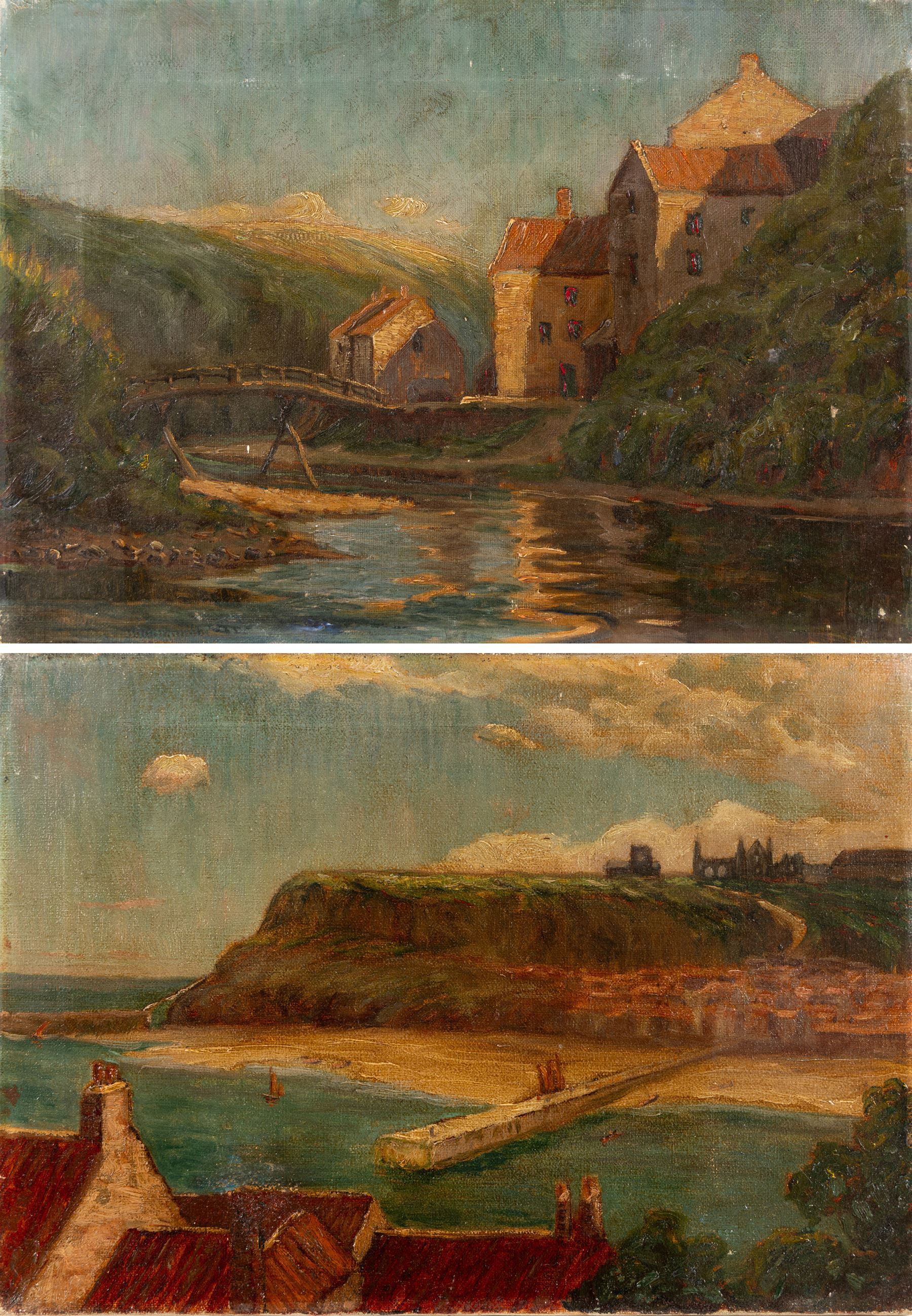 English School (Late 19th/Early 20th Century): View of Whitby and Staithes Beck Bridge, pair of oils on canvas unsigned max 25.5cm x 36cm (2) (unframed)