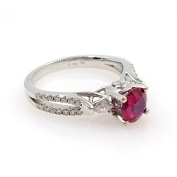  White gold single stone fine ruby ring, diamond set shoulders stamped 750 ruby approx 0.9 carat  