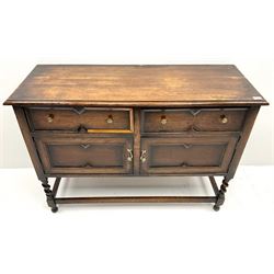  Jacobean style oak sideboard, two drawers above two cupboards, barley twist supports joined by stretchers 