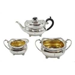 Silver three piece tea set, engraved crest by Harrison Brothers & Howson, Sheffield 1927, also with 1927 Dublin import marks, approx 37oz