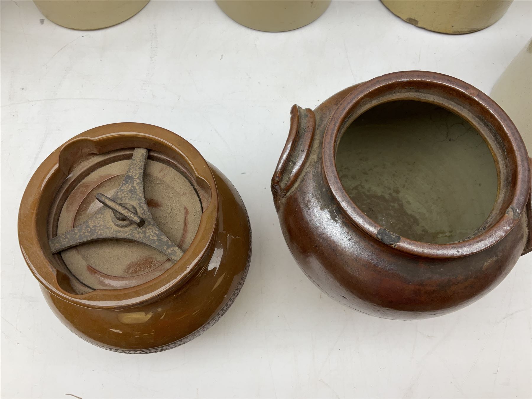 Quantity of salt glazed stoneware flagons, two tone jars and jug etc, to include some with impressed marks and labels, largest H26cm