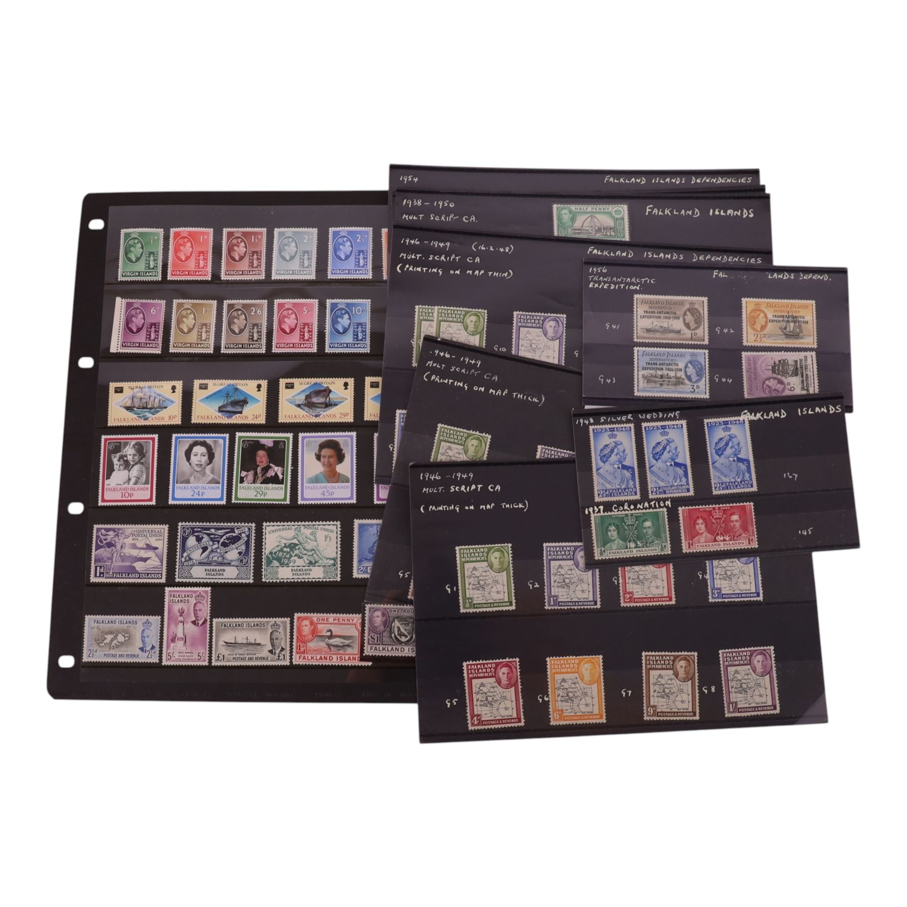 King George VI and Queen Elizabeth II Falkland Islands and Falkland Islands Dependencies stamps, including two King George VI 1946-1949 'thick map' sets of eight, apparently hinged and unhinged, corresponding 'thin map' set of seven, etc, housed on stock cards