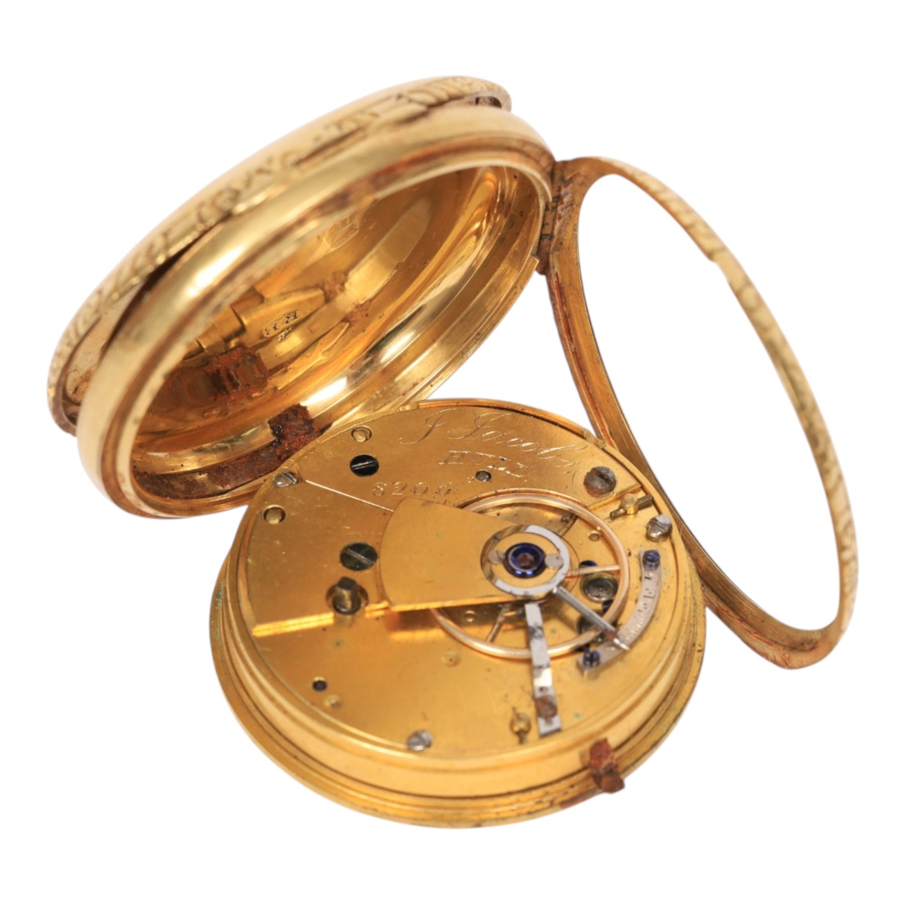 George III 18ct gold open face keyless lever pocket watch by J Jacobs, Hull, No. 8206, case makers mark RB, Chester 1814