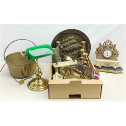 19th century French gilt spelter mantel clock, white enamelled dial, flanked by figures, set on an alabaster plinth, bankers lamp, ornate easel mirror, brass candlesticks, Victorian bras jam pan and other metal wares in one box