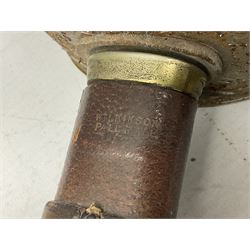 George V 1897 pattern Army Officer's sword by Henry Wilkinson Pall Mall London, the 82.5cm 'London Made' blade etched to both sides with Royal Crests and cyphers etc, pierced half-basket hilt with wire-bound fish skin grip and remains of leather knot strap; in leather covered field service scabbard L101cm overall; and two 14th Prince of Wales Own swagger sticks (3)