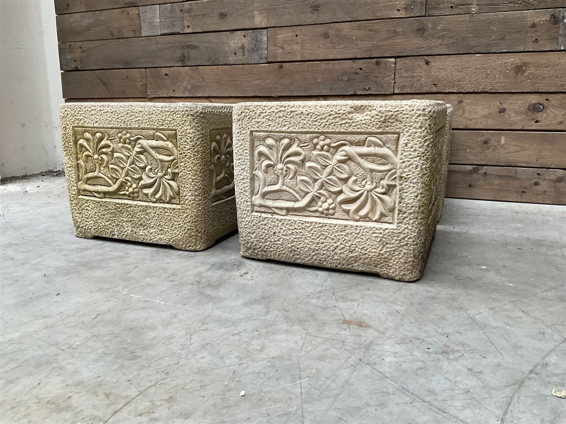 Set four Cotswold Studios Ltd square cast stone garden planters 