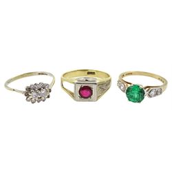 Two 14ct gold stone set dress rings and a 9ct gold diamond cluster ring, hallmarked or stamped