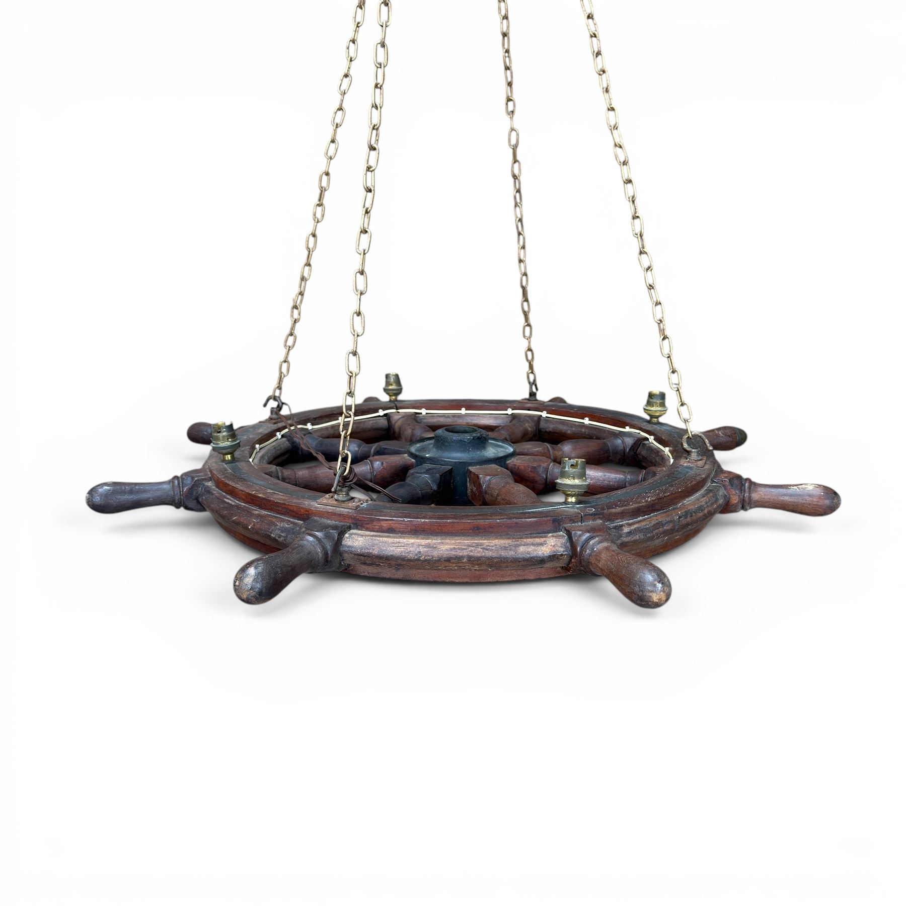 Mid 20th century ships wheel chandelier with four brass bulb fittings