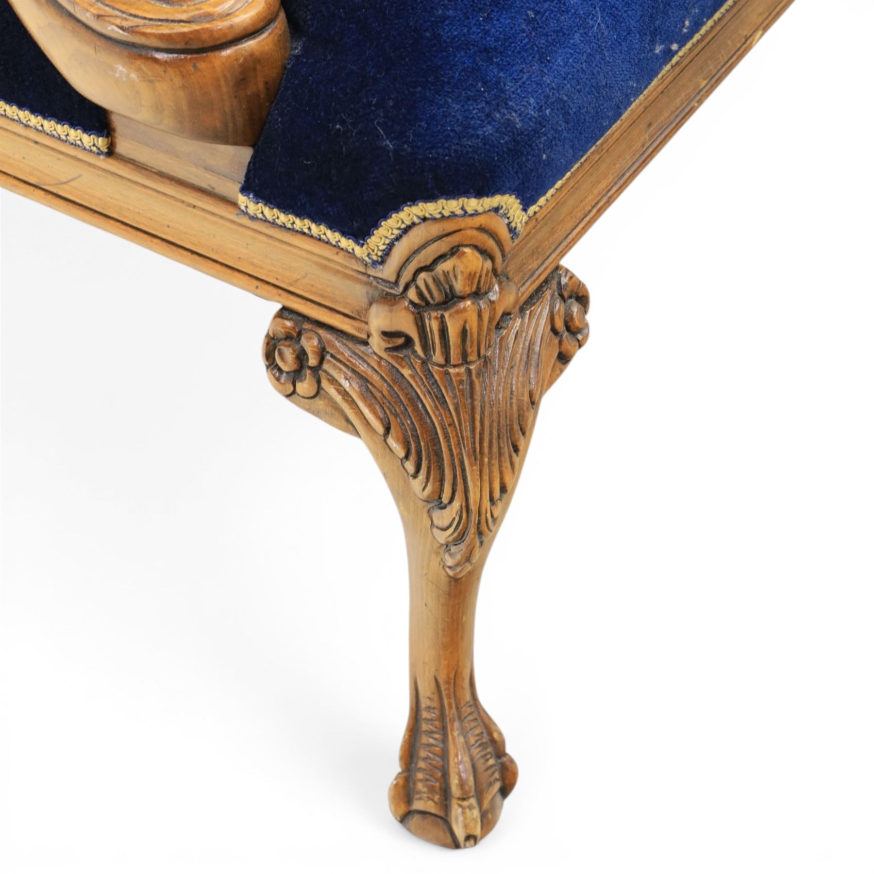 Pair of George II design Gainsborough armchairs in deep blue upholstery, shaped back over scrolled and carved arms, with cabriole supports and carved shell knees terminating in claw on ball feet