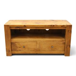 Indigo Furniture - rustic oak media cabinet, rectangular top over open shelf, two drawers ...
