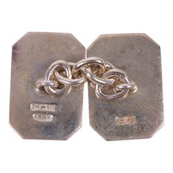 Mid 20th century silver powder compact, of circular form with engine turned decoration and engraved initials to interior, hallmarked, together with a pair of silver cufflinks, gold on silver cufflinks and tie clip, 15ct gold stick pin set with rose cut diamond, mirror D6.5cm