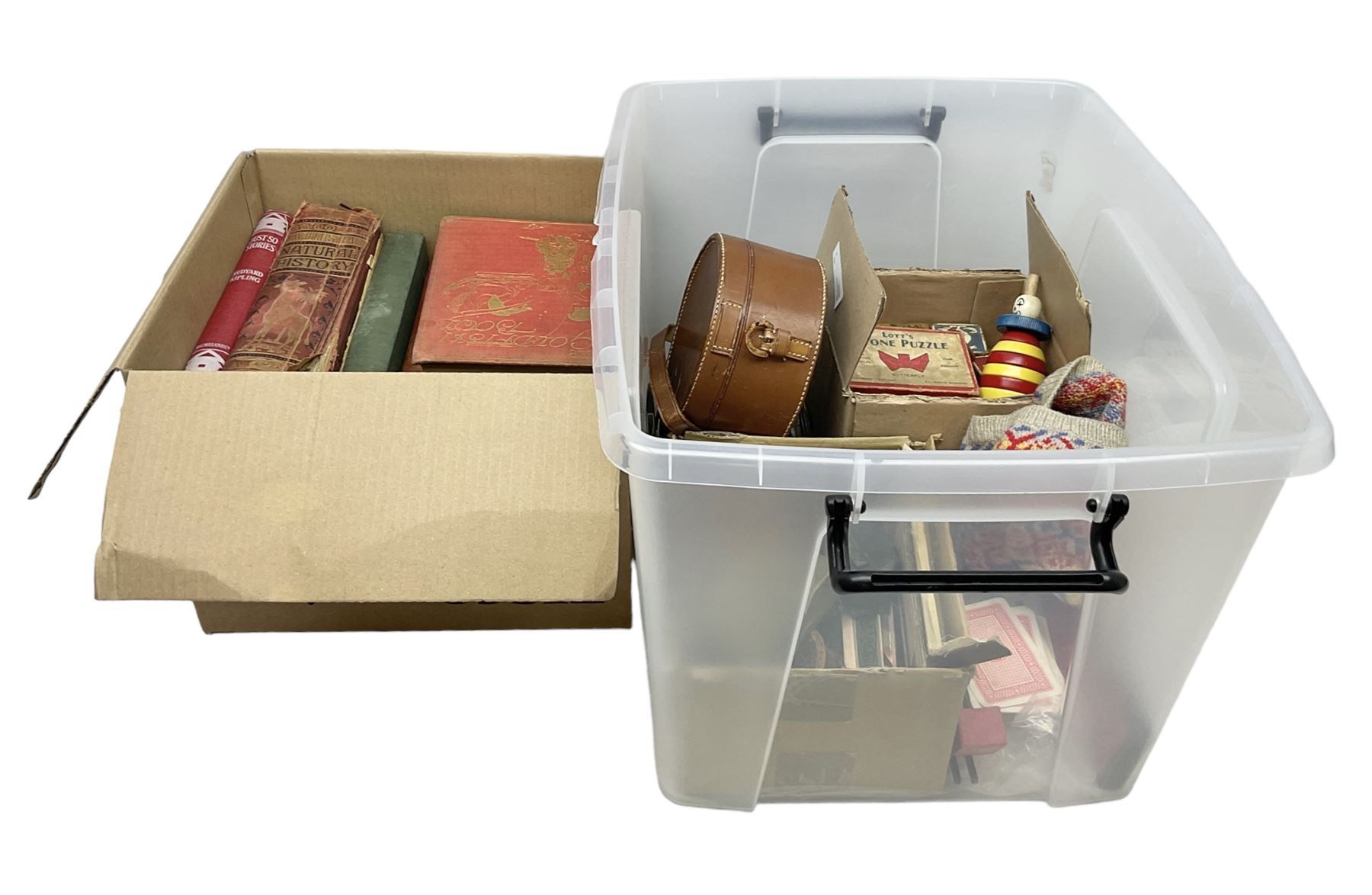 Silver and mother of pearl folding fruit knife together with a similar silver folding button hook, 19th century surgical knife in tortoiseshell cases by Krohne & Sesemann and three Hohner harmonicas, quantity of vintage child's games and toys to include cards, puzzles and misc, Rudyard Kipling, Wood's Illustrated Natural History, Twenty Poems from Rudyard Kipling First published in 1918 Methuen & Co Ltd, London, 1958 Observer cutting etc 