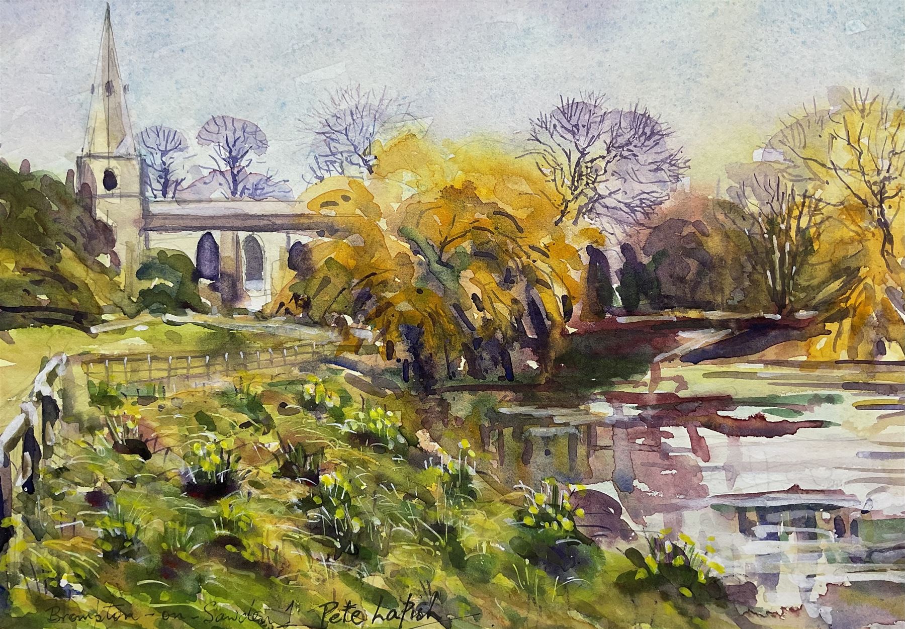 Peter Lapish (British 1937-): 'Church and Pond - Brompton-by-Sawdon', watercolour signed, titled verso 18cm x 25cm