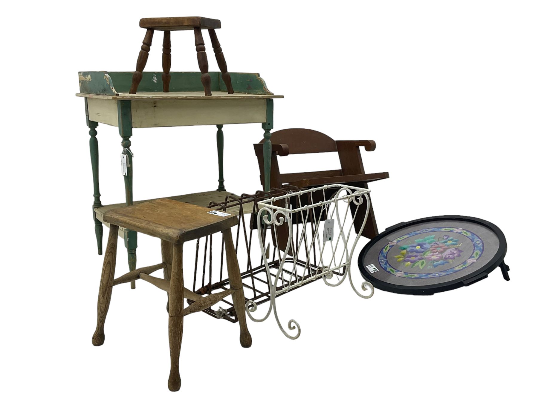 Mid 20th century child's chair, curved backrest and angled armrests (H46cm); painted pine washstand (W67cm, D48cm, H77cm); circular tray with needlepoint inset (D56cm); two stools; two magazine racks (7)