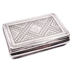 George III silver snuff box, of rectangular form with foliate engraved panel to hinged cover and underside of body, opening to reveal a gilt interior, hallmarked London 1813, makers mark I.B, W6.5cm, approximate 1.86 ozt (57.6 grams)