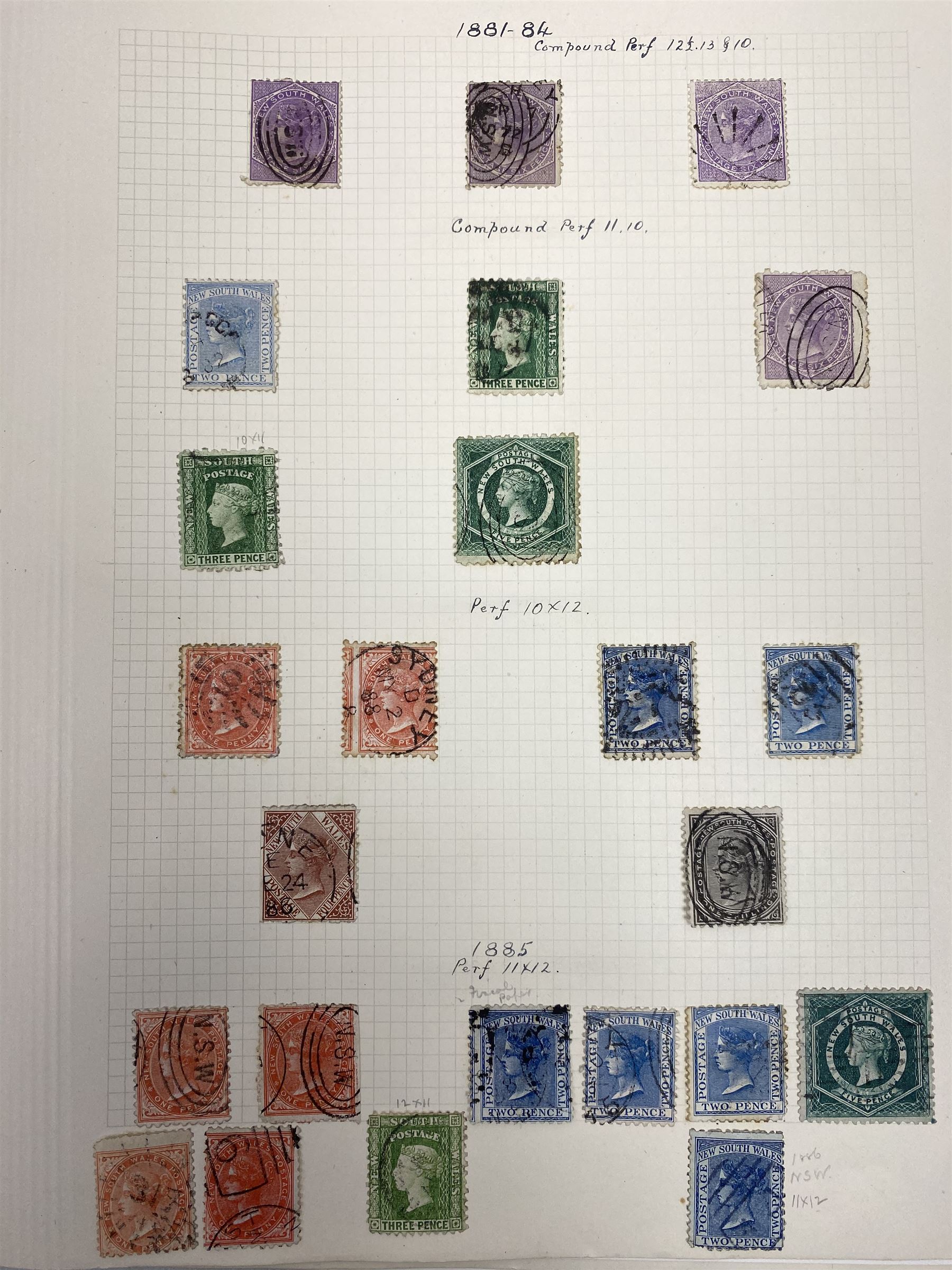 Australia New South Wales stamps, including 1850-4 various imperf issues, 1854-6 including five pence, six pence, one shilling etc, 1856-60 registered letter stamps, 1861-88 five shillings etc, housed on pages