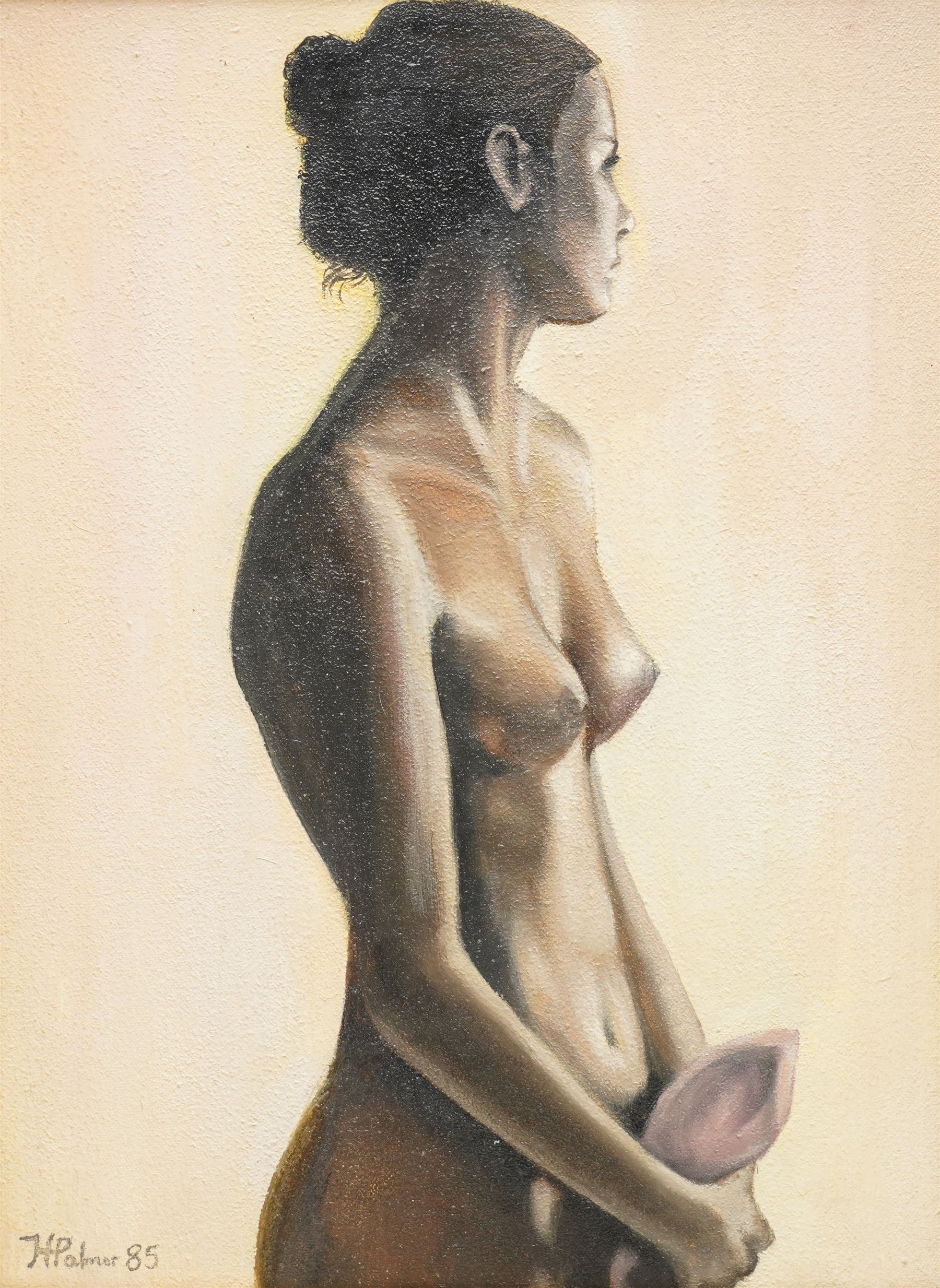 H Palmer (British 20th century): Nude Female Study, oil on canvas signed and dated '85, 40cm x 29cm