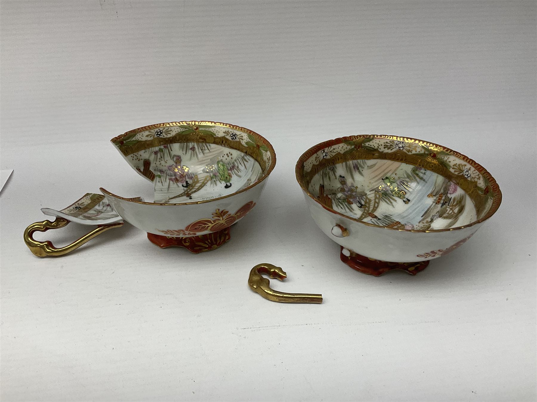 Noritake part tea service, printed and painted with figures in a landscape, comprising ten  tea cups and saucers, ten dessert plates, milk jug and sugar bowl