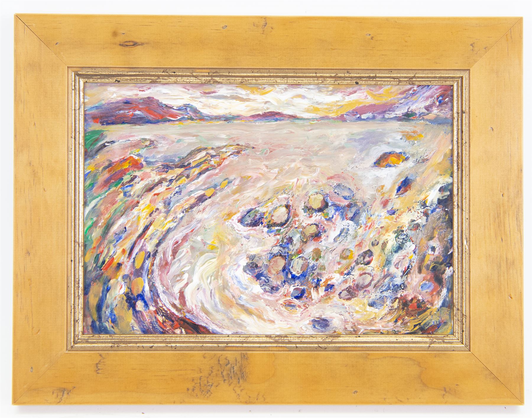 Graham Kingsley Brown (British 1932-2011): Seashore, oil or acrylic on board unsigned 21cm x 30.5cm 
Notes: Likely painted between 1998-2000, this painting is distinctive in featuring a seascape which not only has a high horizon line, but also detail in the foreground. Pebbles, rocks and seaweed are indicated as the swirling tide flows towards the viewer. A warm range of tones is used for this seascape, (a topic that we usually associate with cool blues and greens) to create an inviting feel.