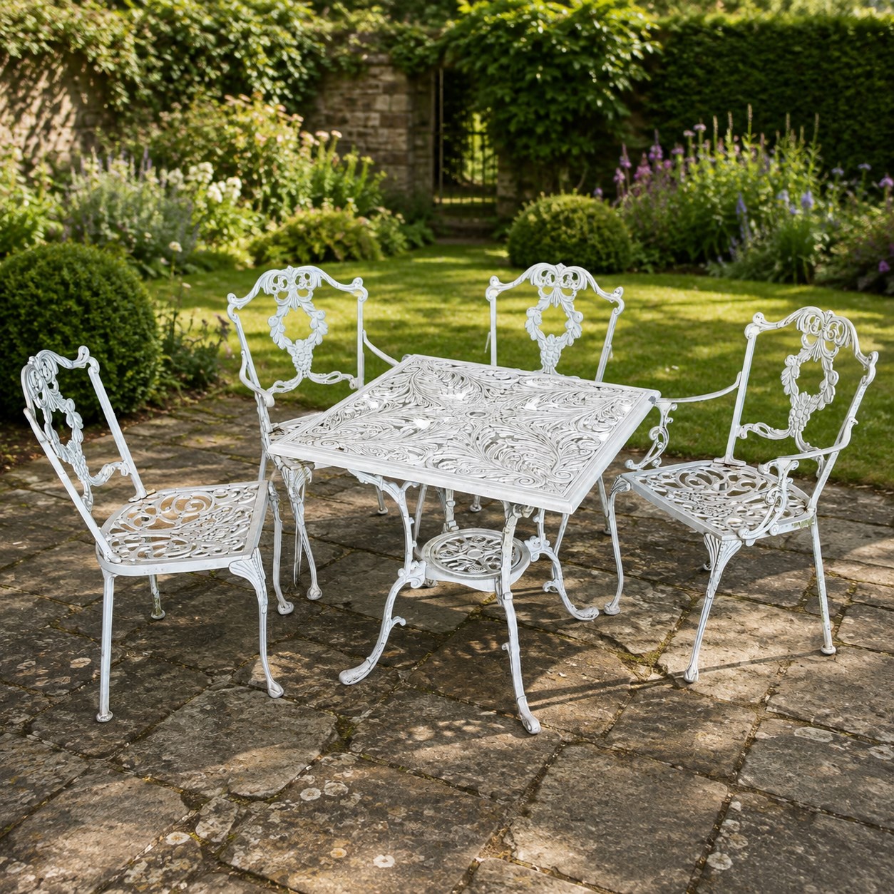 Regency design white-painted aluminium garden table, square pierced top with scrolling acanthus leaf decoration, splayed supports joined by pierced circular under-tier (W75cm H72cm), the chairs with scrolling and floral garland design backs over pierced foliate seats with cabriole supports (W48cm H90)