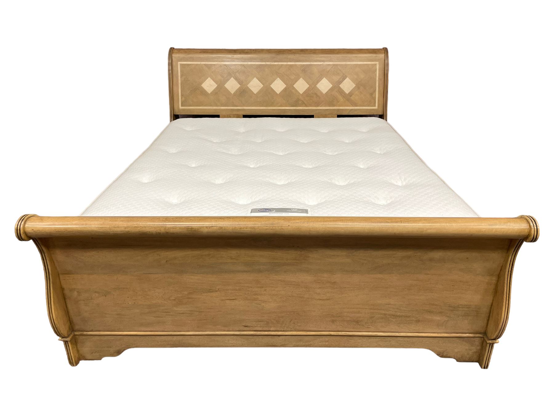 Barker & Stonehouse - 'Flagstone' 6' Superking size mango wood sleigh bed, the head and footboard inset with stone geometric inlays, scrolled and rolling reed moulded frame, on bracket feet 