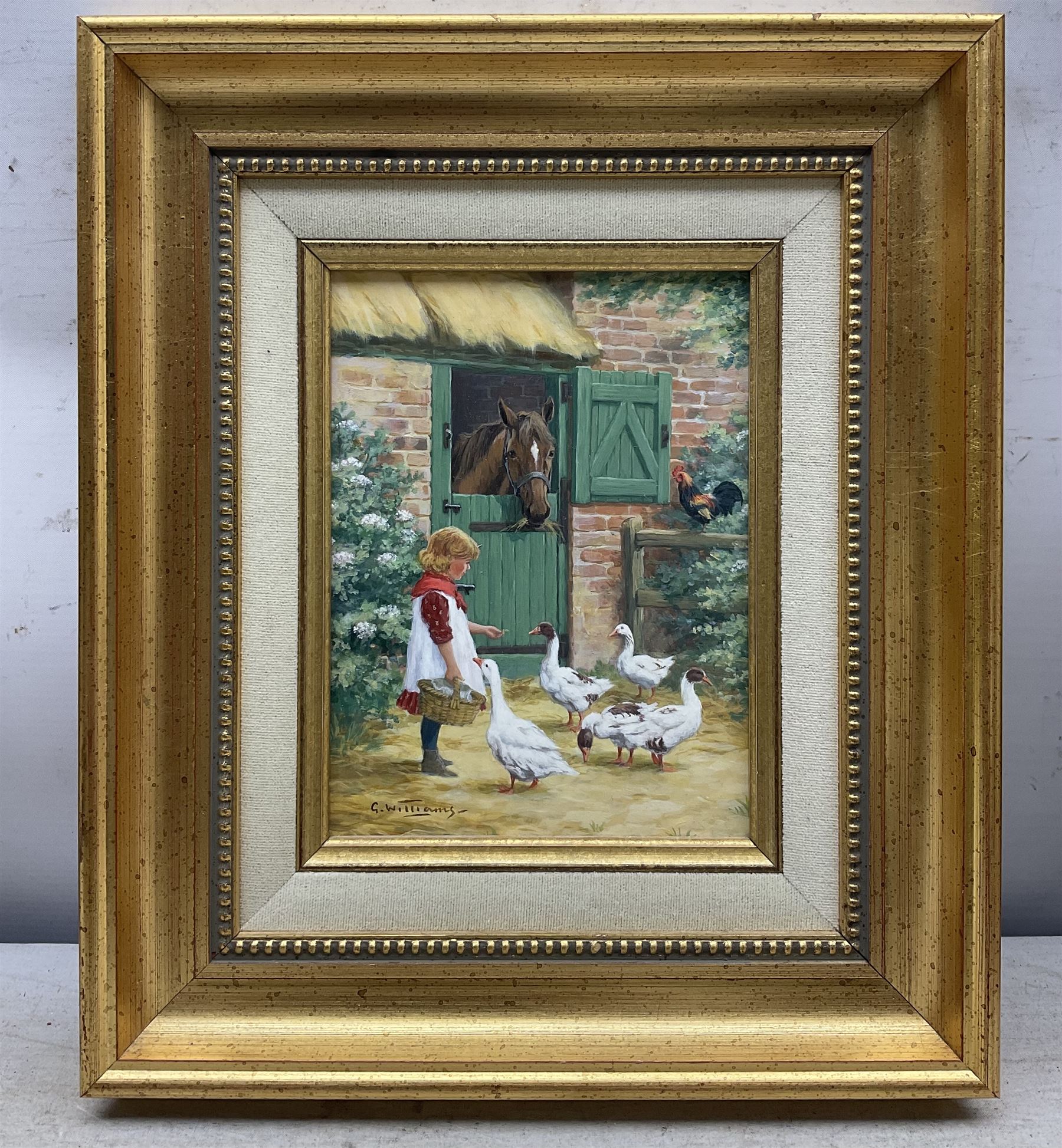 G Williams (British 20th Century): Girl Feeding Geese by a Stable, oil on board signed 20cm x 14cm 