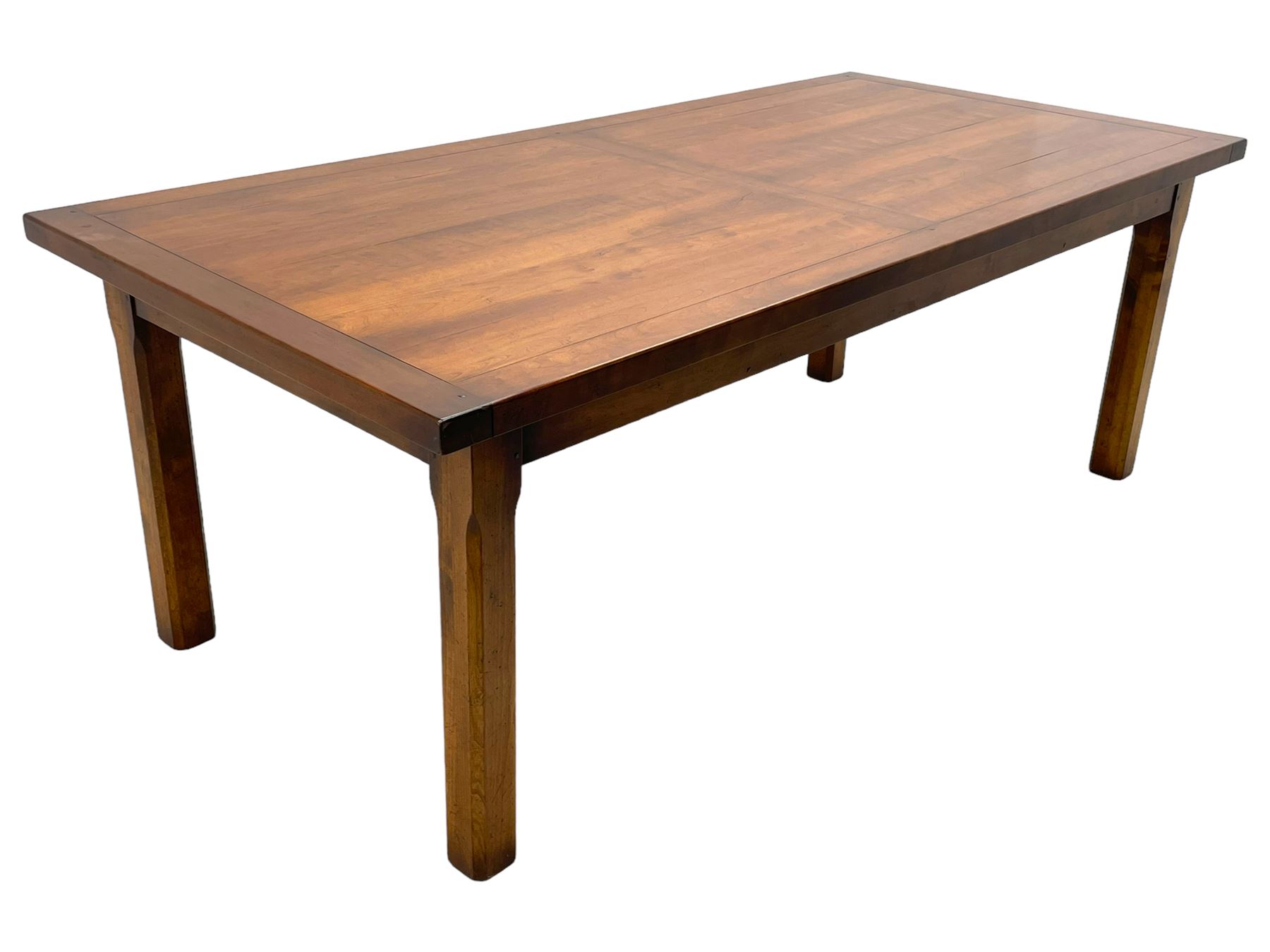 Contemporary French farmhouse design cherry wood dining table, rectangular bordered top on square chamfered supports 