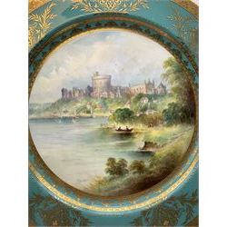 Large Minton cabinet plate, with central hand painted panel of Windsor Castle, signed A Holland, within a tooled gilt turquoise border, with impressed and printed marks and inscribed Windsor Castle beneath, D32cm