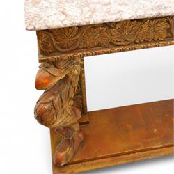 Pair of carved giltwood and composition console or pier tables, rectangular variegated rouge marble top, the frieze decorated with trailing vine and grape bunches, eagle front supports on stepped rectangular base