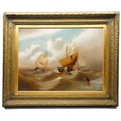 English School (Early 20th century): Fishing in Calm and Rough Seas, pair oils on canvas unsigned, in matching heavy antique gilt frames with repeating anthemion decoration 60cm x 80cm (2)