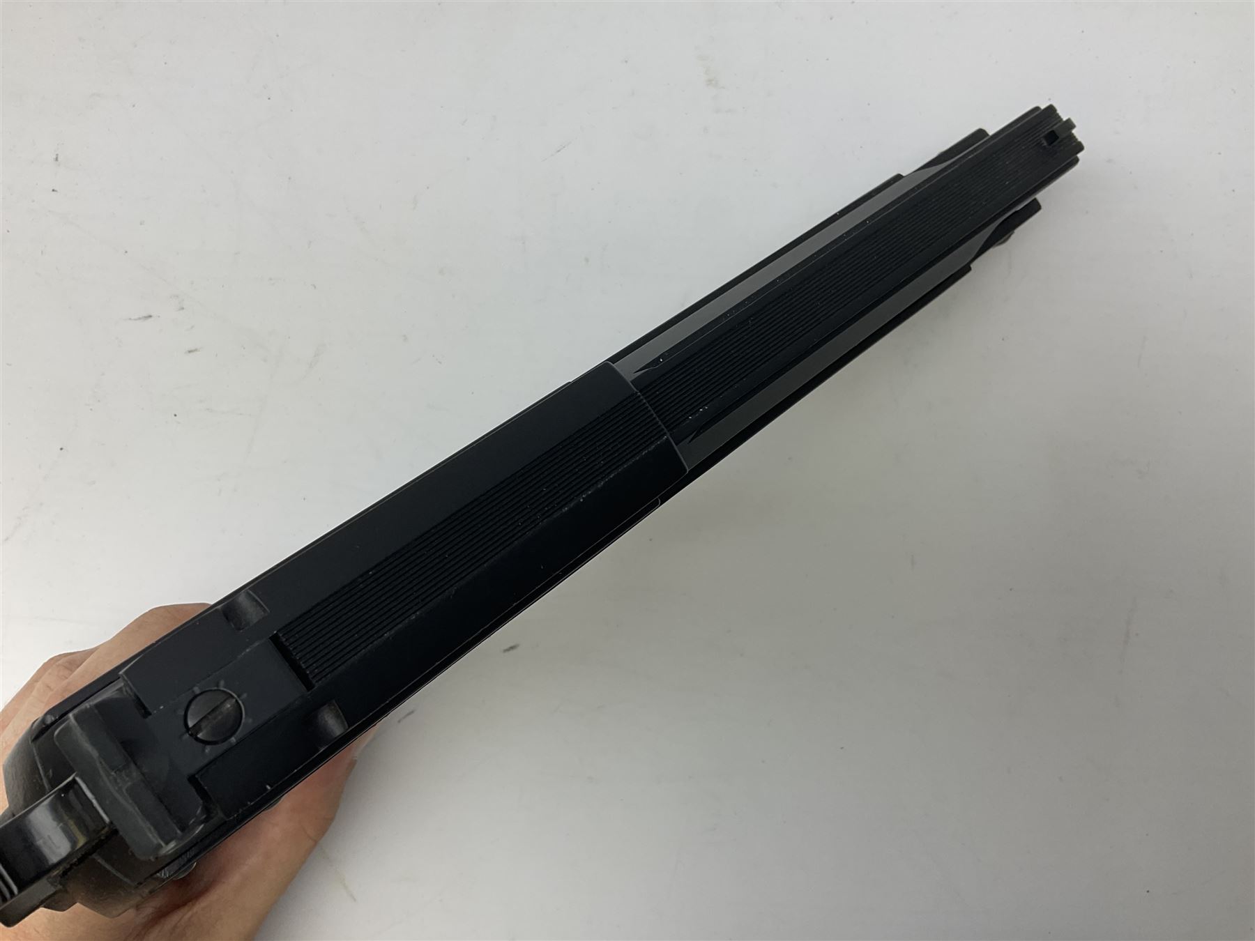 H. Weihrauch HW45 air pistol, .177 calibre, over-lever mechanism, chequered grip No.372679 L31cm; and quantity of pellets