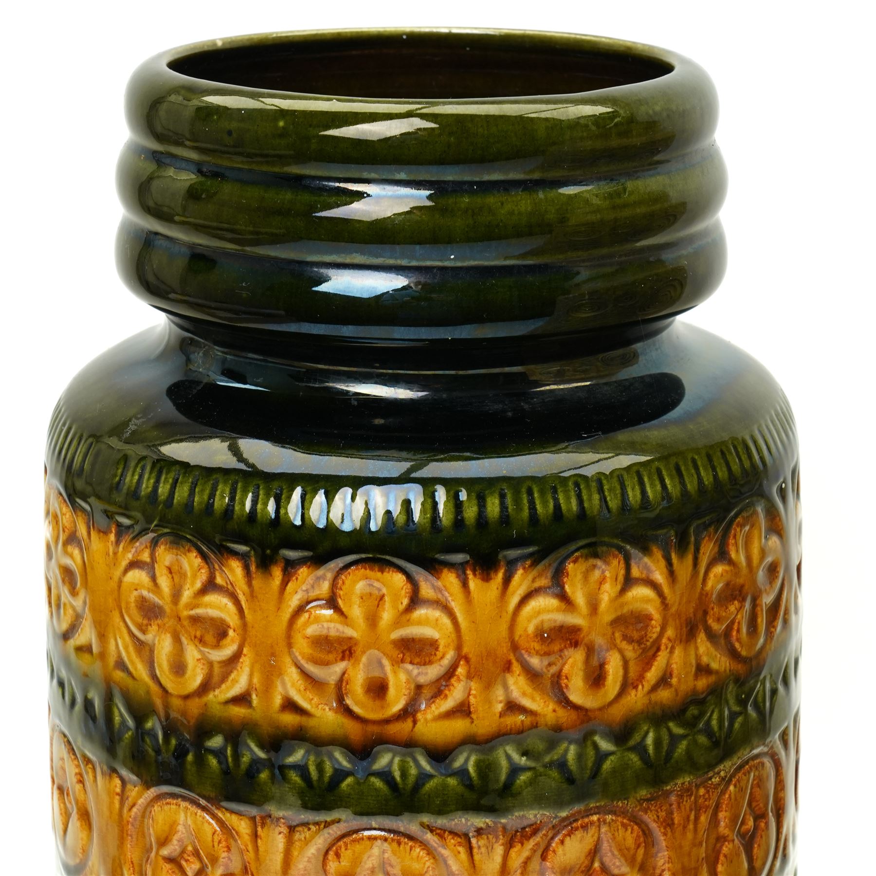 Large West German square section mid-century vase decorated in cream with roundels H49cm and two cylindrical West German vases (3)