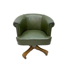 20th century swivel office chair, upholstered in green leather with rolled arms and stud band, on four spoke beech base with castors